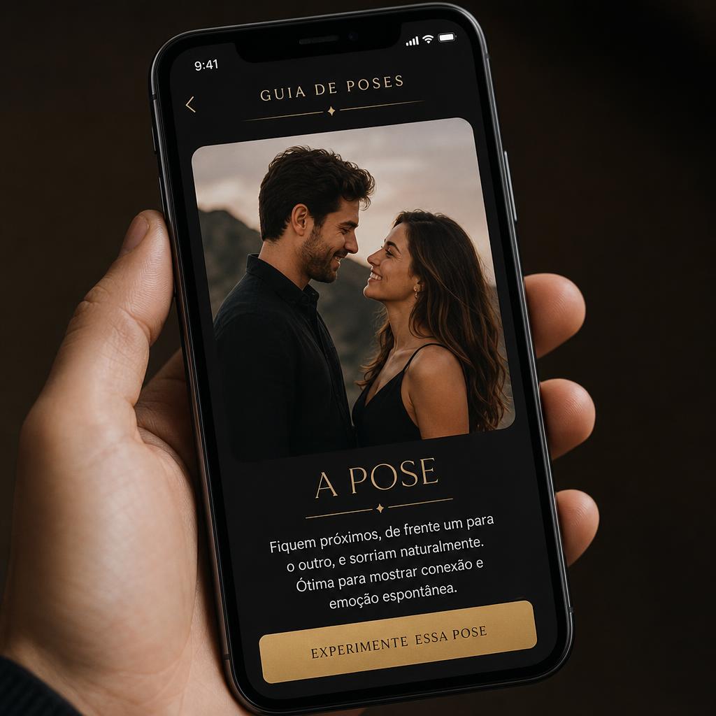 Mão segurando um smartphone com o guia de poses para casais aberto na tela
