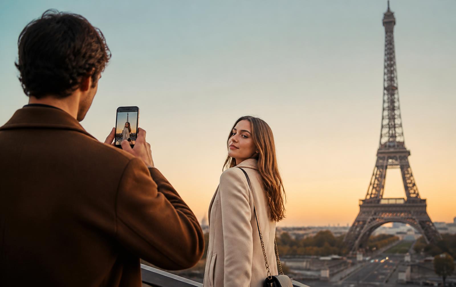 Homem fotografando uma mulher com um smartphone em frente à Torre Eiffel ao pôr do sol